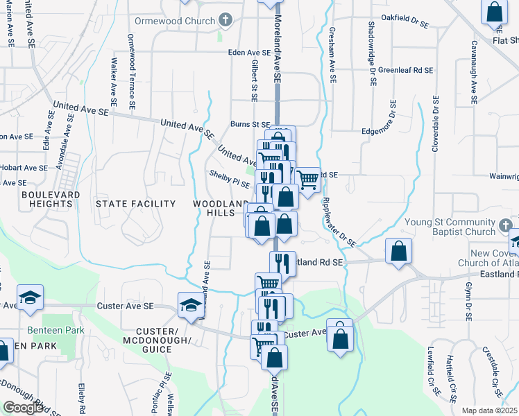 map of restaurants, bars, coffee shops, grocery stores, and more near 1180 Vickers Street Southeast in Atlanta