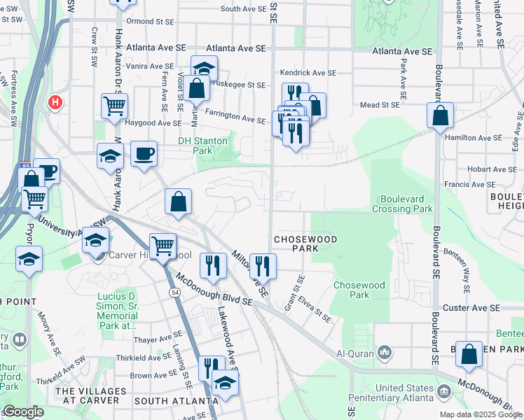 map of restaurants, bars, coffee shops, grocery stores, and more near 1213 Hill Street Southeast in Atlanta