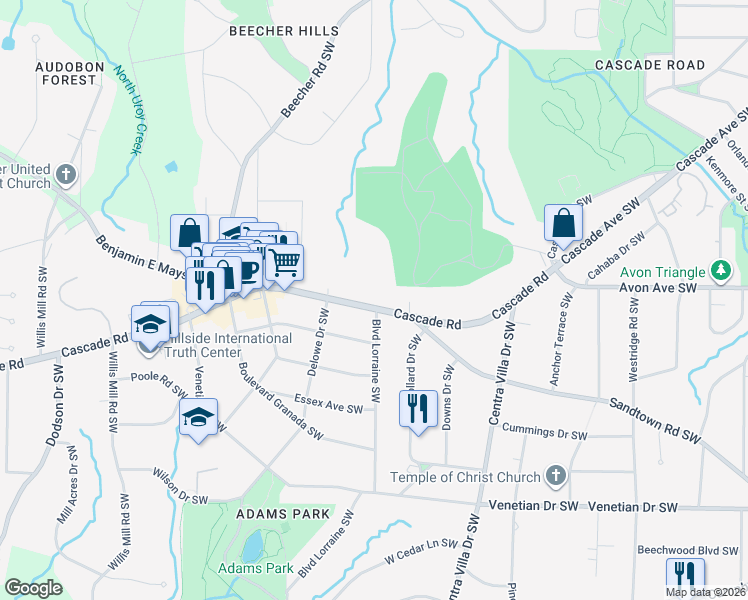map of restaurants, bars, coffee shops, grocery stores, and more near 2112 Cascade Road in Atlanta