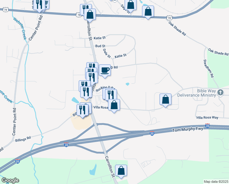 map of restaurants, bars, coffee shops, grocery stores, and more near 1-201 Rocking D Road in Temple
