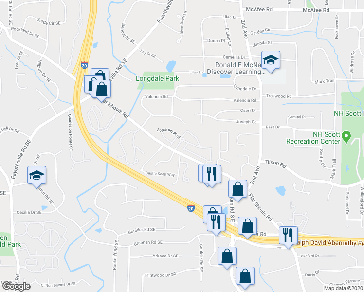 map of restaurants, bars, coffee shops, grocery stores, and more near 1840 Brighton Boulevard Southeast in Atlanta