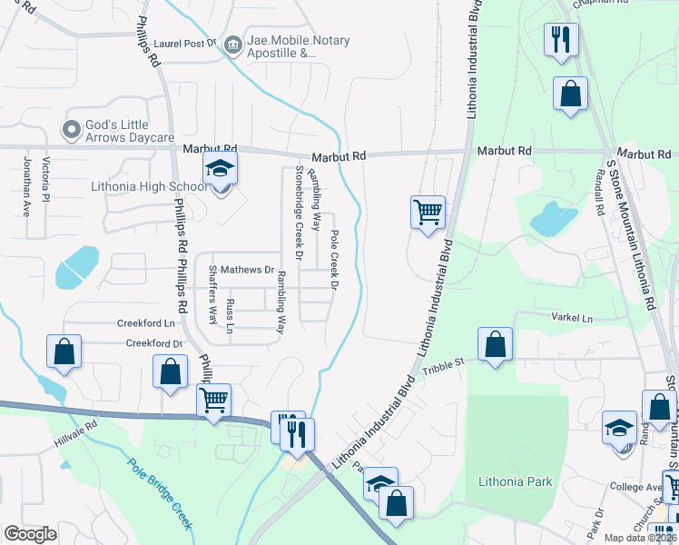 map of restaurants, bars, coffee shops, grocery stores, and more near 6454 Stonebridge Creek Lane in Lithonia