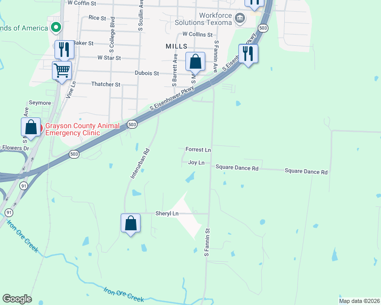 map of restaurants, bars, coffee shops, grocery stores, and more near 515 Joy Lane in Denison