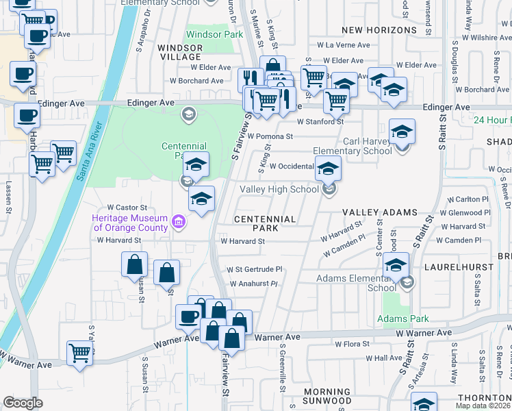 map of restaurants, bars, coffee shops, grocery stores, and more near 2715 West Glenwood Place in Santa Ana