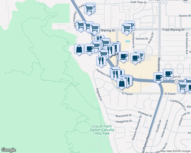 map of restaurants, bars, coffee shops, grocery stores, and more near 2 Palm Desert Drive North in Palm Desert