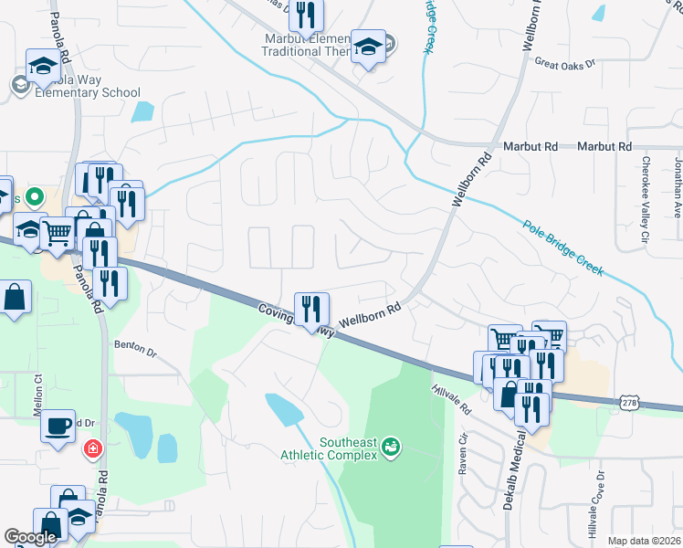 map of restaurants, bars, coffee shops, grocery stores, and more near 5655 Windfall Lane in Lithonia
