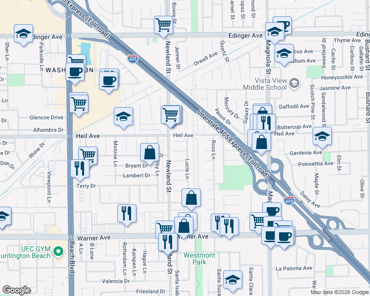 map of restaurants, bars, coffee shops, grocery stores, and more near 16551 Lucia Lane in Huntington Beach