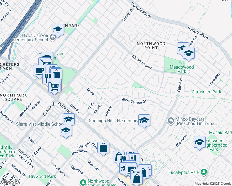map of restaurants, bars, coffee shops, grocery stores, and more near 6 Quebrada in Irvine