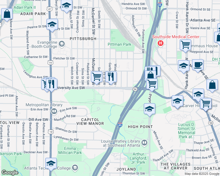 map of restaurants, bars, coffee shops, grocery stores, and more near 2008 Garibaldi Street Southwest in Atlanta