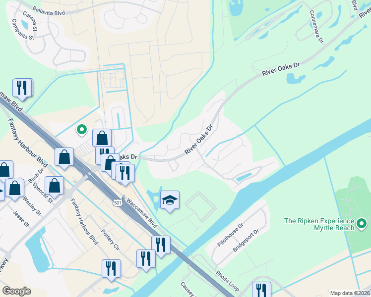 map of restaurants, bars, coffee shops, grocery stores, and more near 510 White River Drive in Myrtle Beach