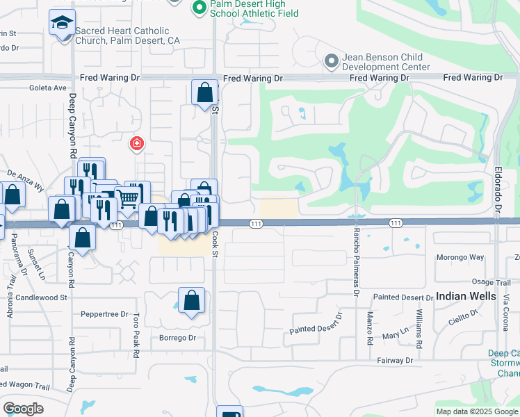 map of restaurants, bars, coffee shops, grocery stores, and more near 44990 Olympic Court in Indian Wells
