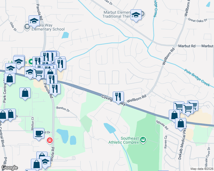 map of restaurants, bars, coffee shops, grocery stores, and more near 2299 Strathmoor Manor Drive in Lithonia