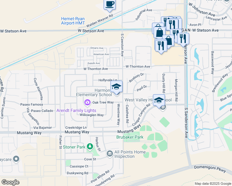 map of restaurants, bars, coffee shops, grocery stores, and more near 1500 South Cawston Avenue in Hemet