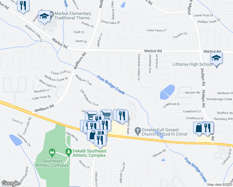map of restaurants, bars, coffee shops, grocery stores, and more near 6022 Valley Trails Court in Lithonia