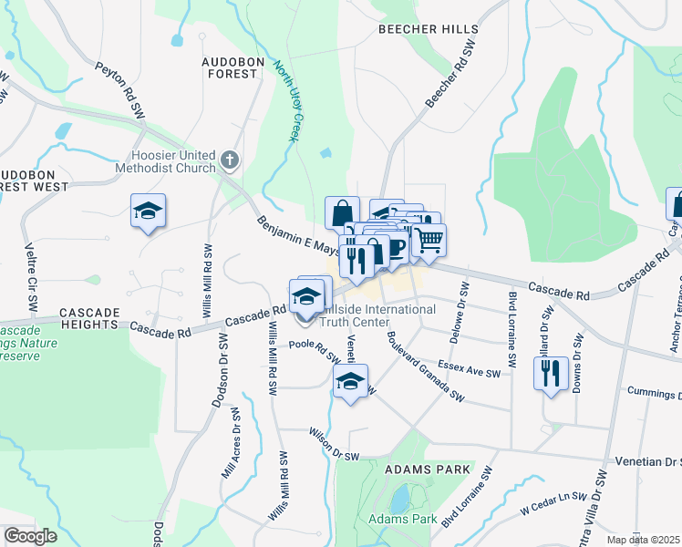 map of restaurants, bars, coffee shops, grocery stores, and more near 2367 Cascade Road in Atlanta