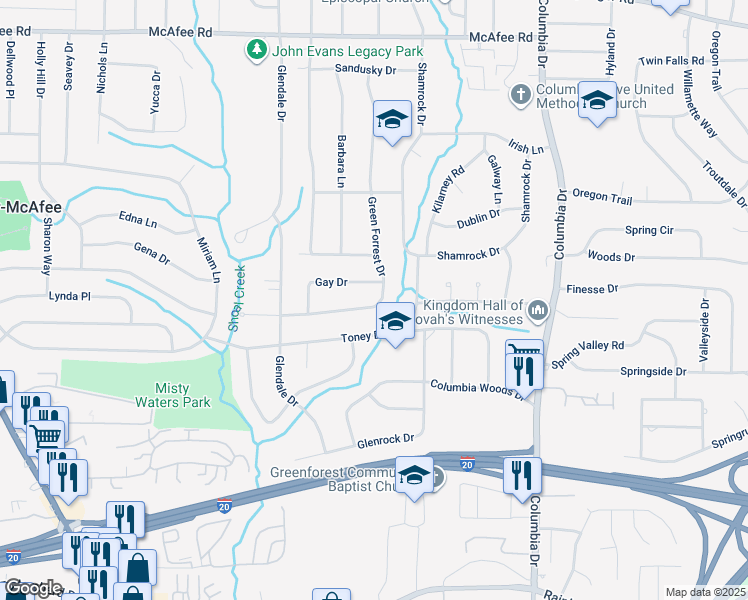map of restaurants, bars, coffee shops, grocery stores, and more near 2297 Green Forrest Dr in Decatur