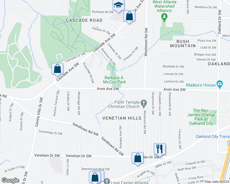 map of restaurants, bars, coffee shops, grocery stores, and more near 1299 Avonwood Circle Southwest in Atlanta