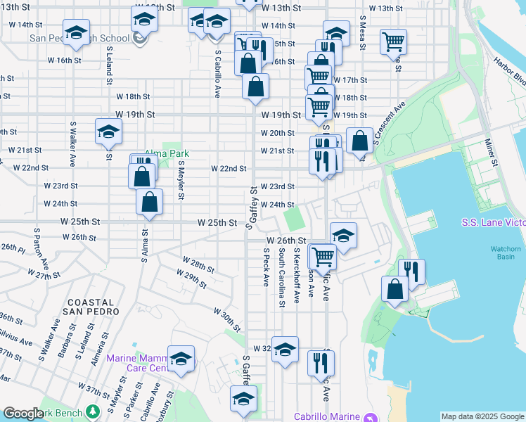 map of restaurants, bars, coffee shops, grocery stores, and more near 665 West 24th Street in Los Angeles