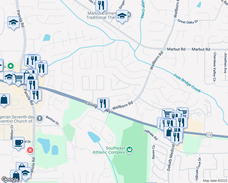 map of restaurants, bars, coffee shops, grocery stores, and more near 5667 Windfall Lane in Lithonia