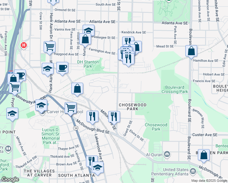 map of restaurants, bars, coffee shops, grocery stores, and more near 1213 Hill Street Southeast in Atlanta