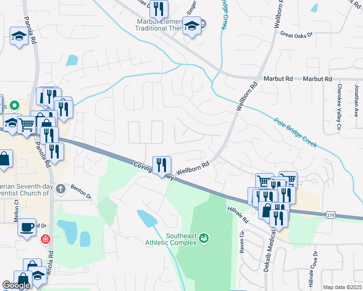 map of restaurants, bars, coffee shops, grocery stores, and more near 5679 Windfall Lane in Lithonia