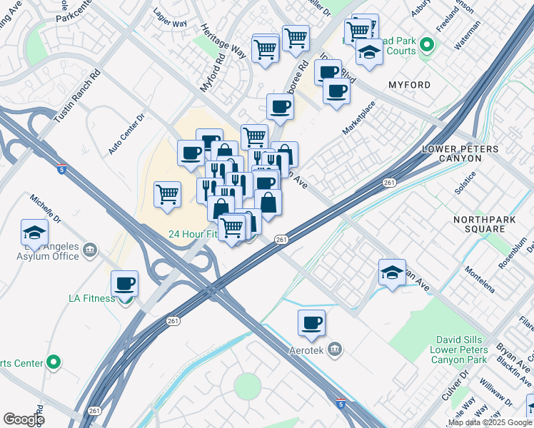 map of restaurants, bars, coffee shops, grocery stores, and more near 3000 Marketplace in Irvine