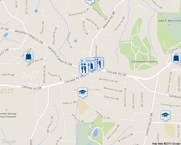 map of restaurants, bars, coffee shops, grocery stores, and more near 2298 Cascade Road Southwest in Atlanta