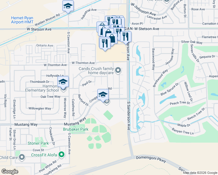 map of restaurants, bars, coffee shops, grocery stores, and more near 1496 Dusty Hill Road in Hemet