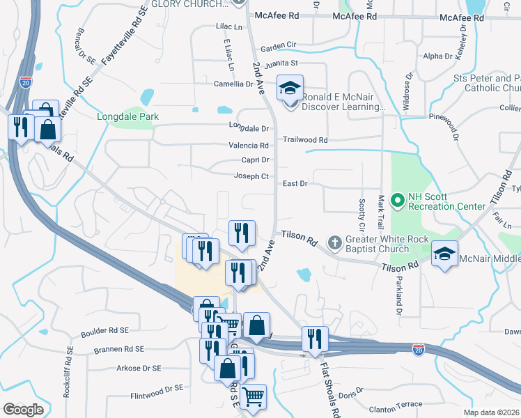 map of restaurants, bars, coffee shops, grocery stores, and more near 1825 Timberwood Trace in Decatur