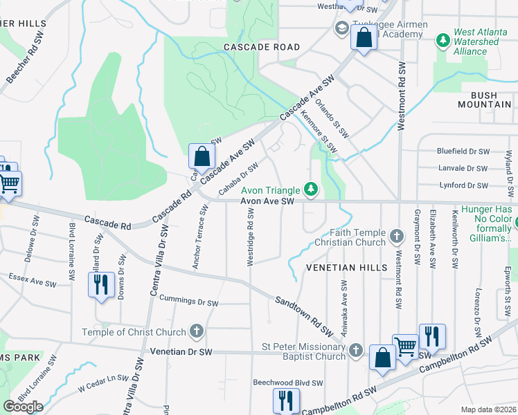 map of restaurants, bars, coffee shops, grocery stores, and more near 1237 Westridge Road Southwest in Atlanta