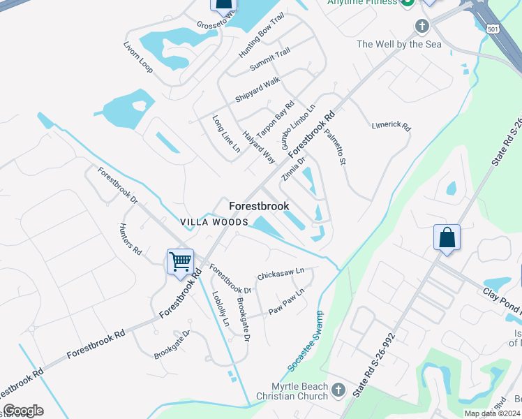 map of restaurants, bars, coffee shops, grocery stores, and more near 865 Brookline Drive in Myrtle Beach