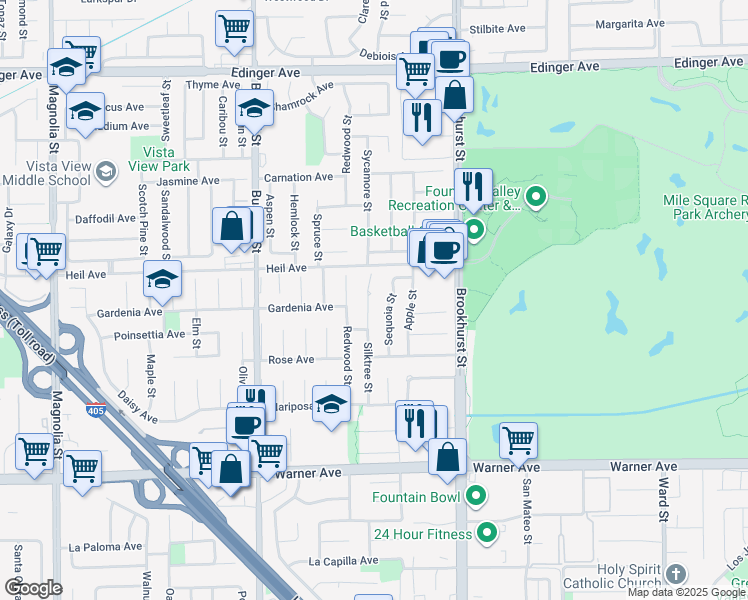 map of restaurants, bars, coffee shops, grocery stores, and more near 16584 Silktree Street in Fountain Valley