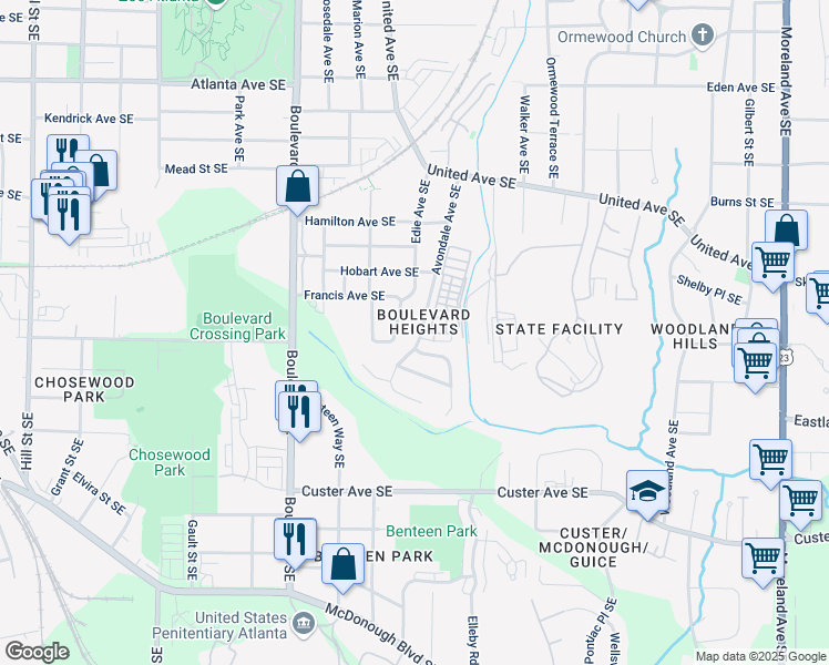 map of restaurants, bars, coffee shops, grocery stores, and more near 1197 Avondale Avenue Southeast in Atlanta