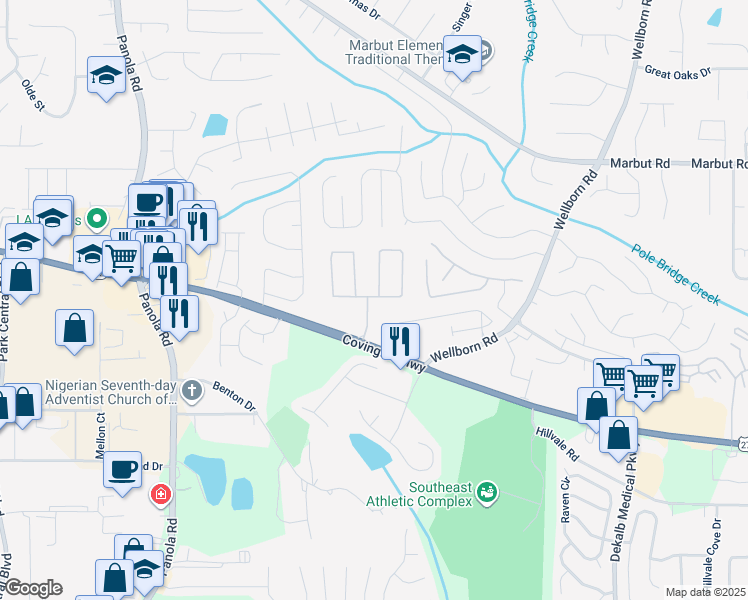 map of restaurants, bars, coffee shops, grocery stores, and more near 2299 Strathmoor Manor Drive in Lithonia