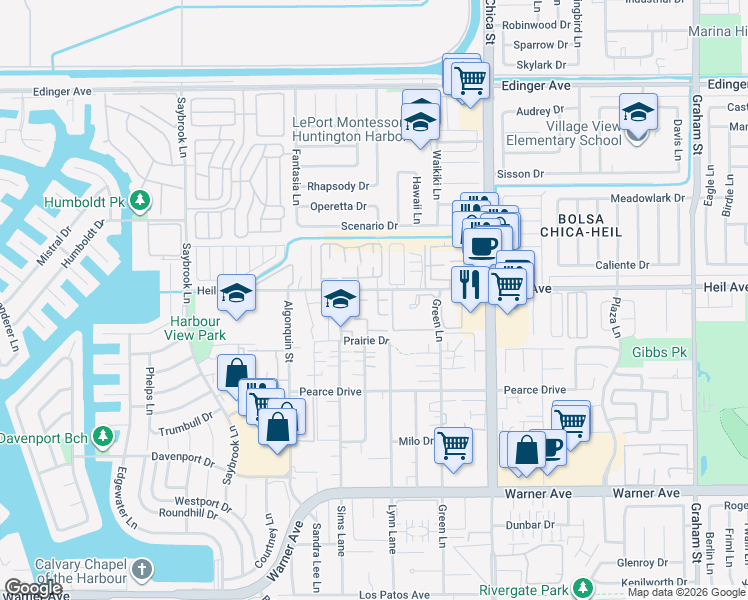 map of restaurants, bars, coffee shops, grocery stores, and more near 16509 Caballero Lane in Huntington Beach