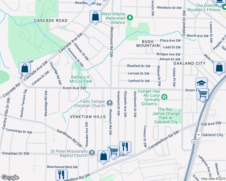 map of restaurants, bars, coffee shops, grocery stores, and more near 1506 Avon Avenue Southwest in Atlanta