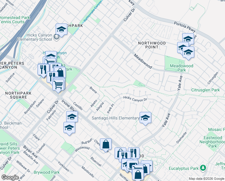 map of restaurants, bars, coffee shops, grocery stores, and more near 3 Urbino in Irvine