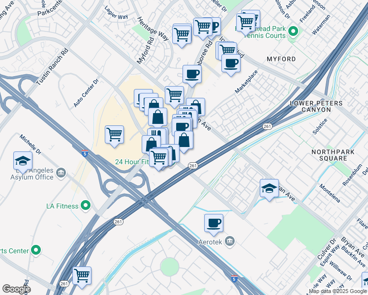 map of restaurants, bars, coffee shops, grocery stores, and more near 3241-3259 El Camino Real in Irvine