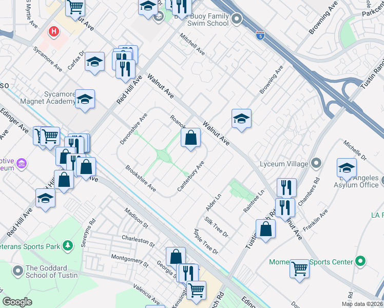 map of restaurants, bars, coffee shops, grocery stores, and more near 14691 Cheshire Place in Tustin