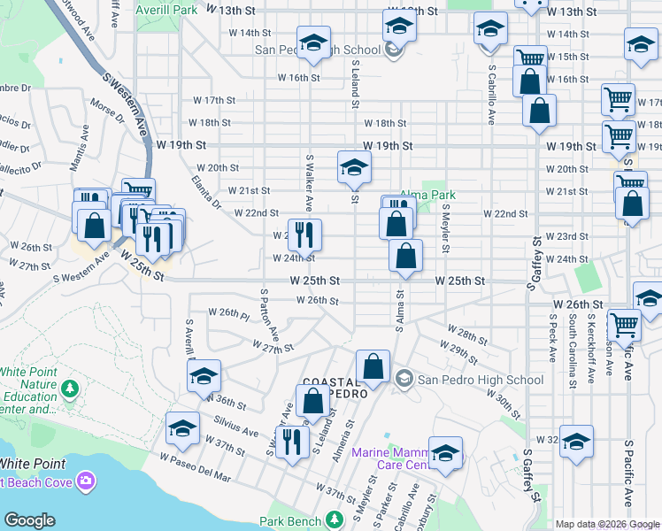 map of restaurants, bars, coffee shops, grocery stores, and more near 1121 West 25th Street in Los Angeles