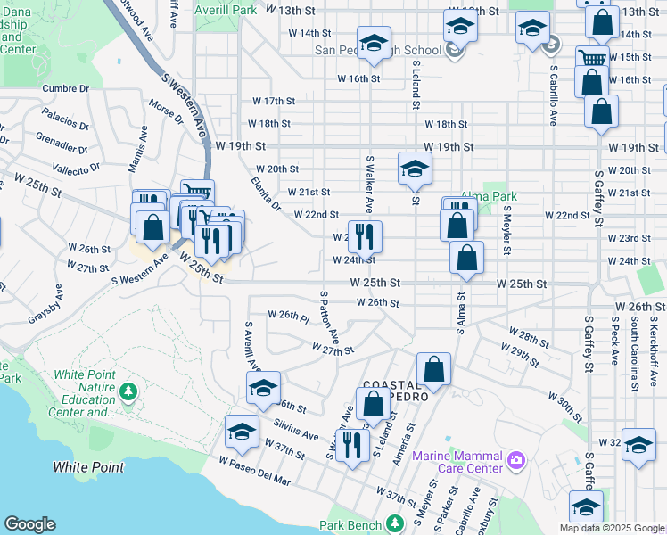 map of restaurants, bars, coffee shops, grocery stores, and more near 1261 West 25th Street in Los Angeles