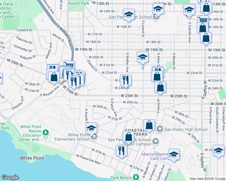 map of restaurants, bars, coffee shops, grocery stores, and more near 1261 West 25th Street in Los Angeles