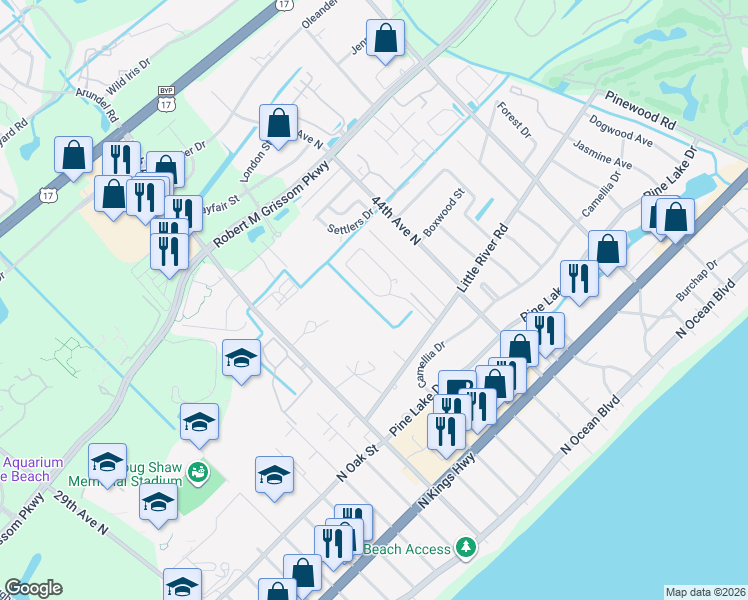 map of restaurants, bars, coffee shops, grocery stores, and more near 3 Longleaf Place in Myrtle Beach