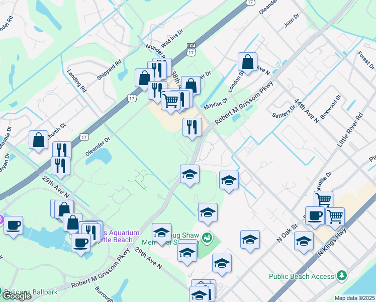 map of restaurants, bars, coffee shops, grocery stores, and more near 3445 Bristol Lane in Myrtle Beach