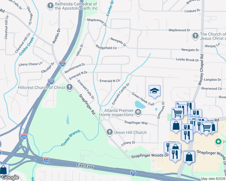 map of restaurants, bars, coffee shops, grocery stores, and more near 2254 Emerald Springs Drive in Decatur