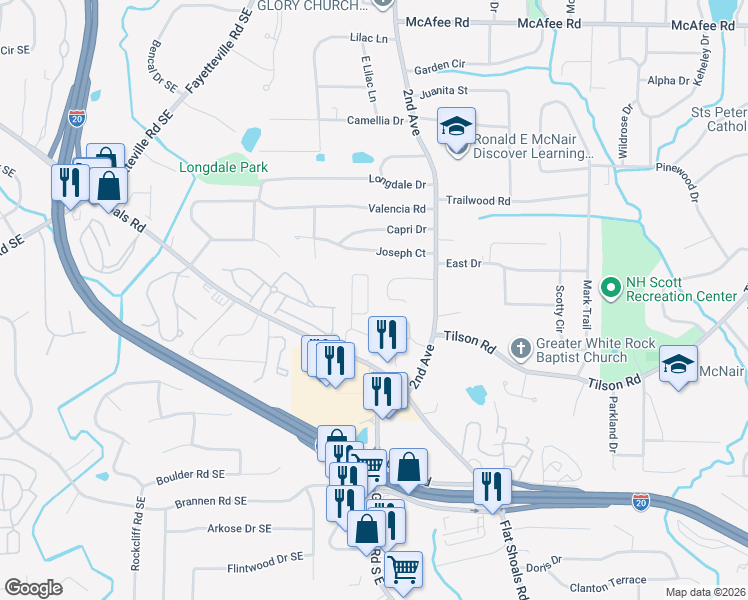 map of restaurants, bars, coffee shops, grocery stores, and more near 1933 Shawn Wayne Circle Southeast in Atlanta