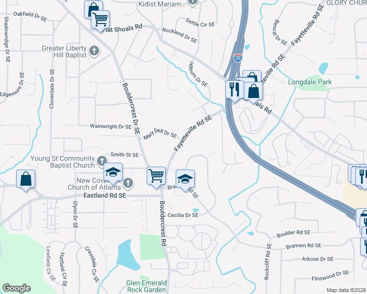map of restaurants, bars, coffee shops, grocery stores, and more near 1196 Fayetteville Road Southeast in Atlanta