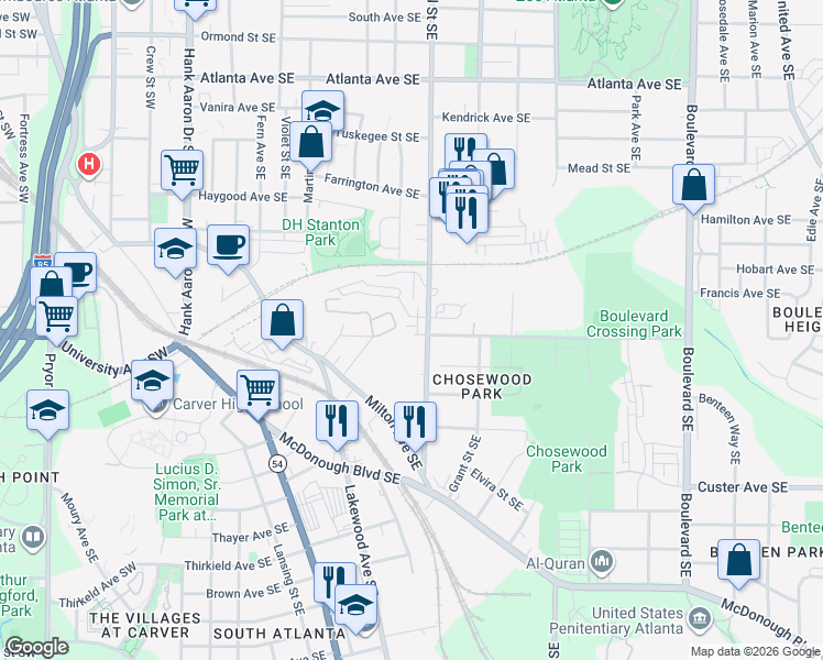 map of restaurants, bars, coffee shops, grocery stores, and more near 1213 Hill Street Southeast in Atlanta