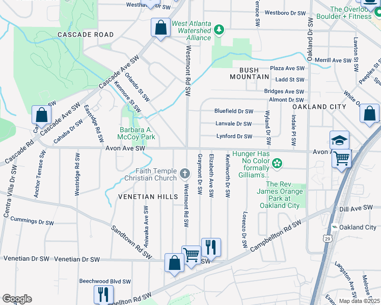 map of restaurants, bars, coffee shops, grocery stores, and more near 1506 Avon Avenue Southwest in Atlanta