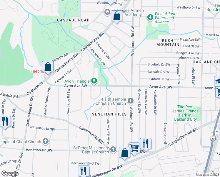 map of restaurants, bars, coffee shops, grocery stores, and more near 1618 Avon Avenue Southwest in Atlanta